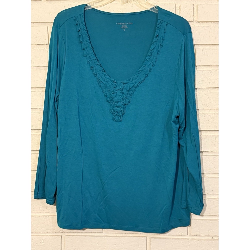 Coldwater Creek Blouse Size XL Green V-neck w Ruffle Long Sleeve Stretch Top